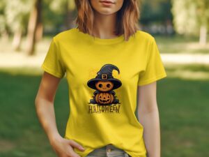 Single Side Halloween Printed - Yellow T-Shirt - Rounded Neck T-Shirt For Women
