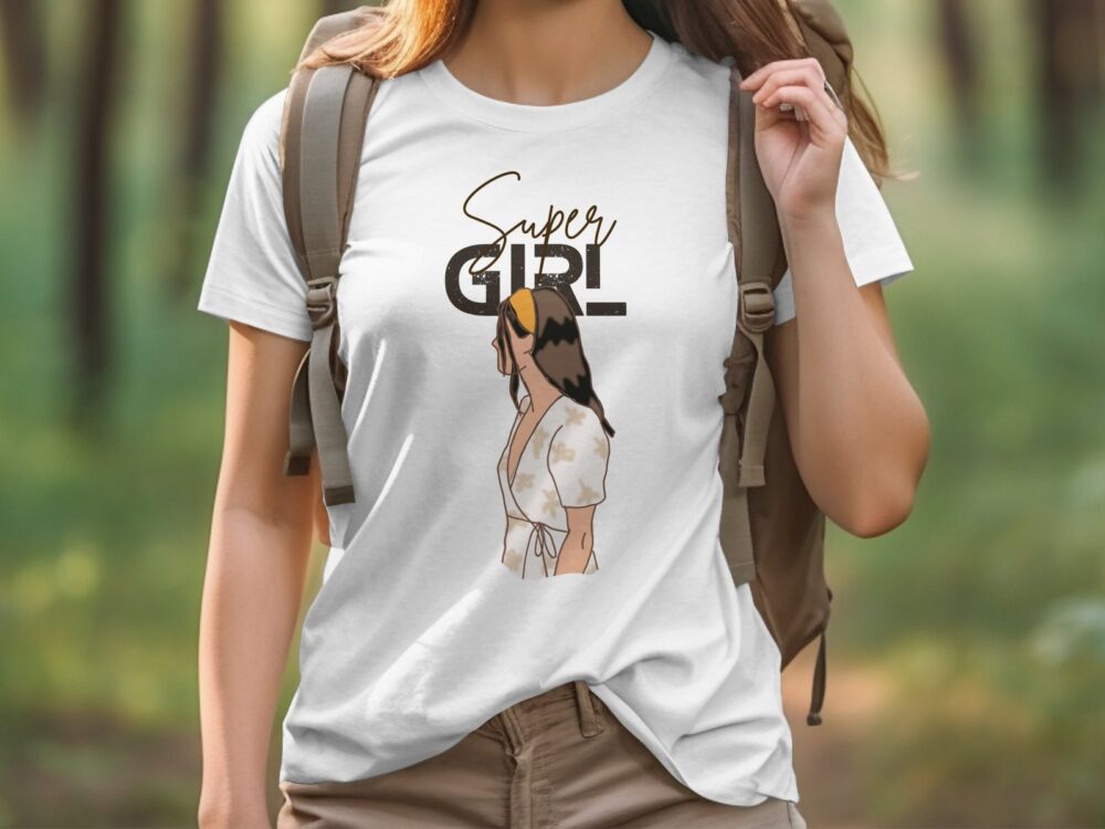 Single Side Super Girl Design Printed - Blue T-Shirt - Rounded Neck T-Shirt For Women
