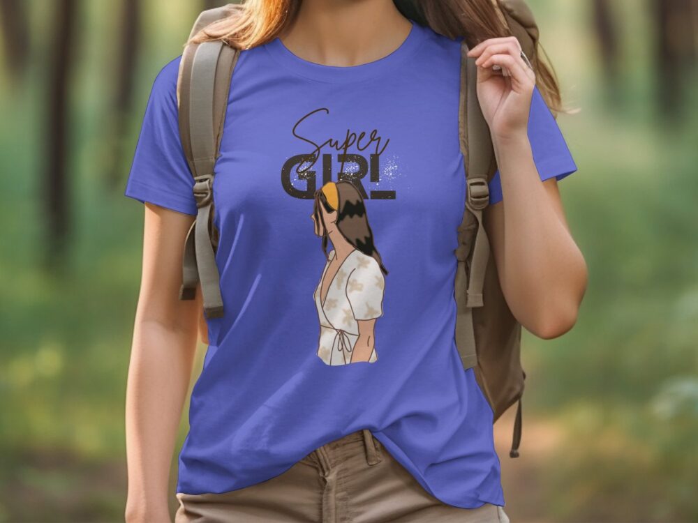 Single Side Super Girl Design Printed - Blue T-Shirt - Rounded Neck T-Shirt For Women