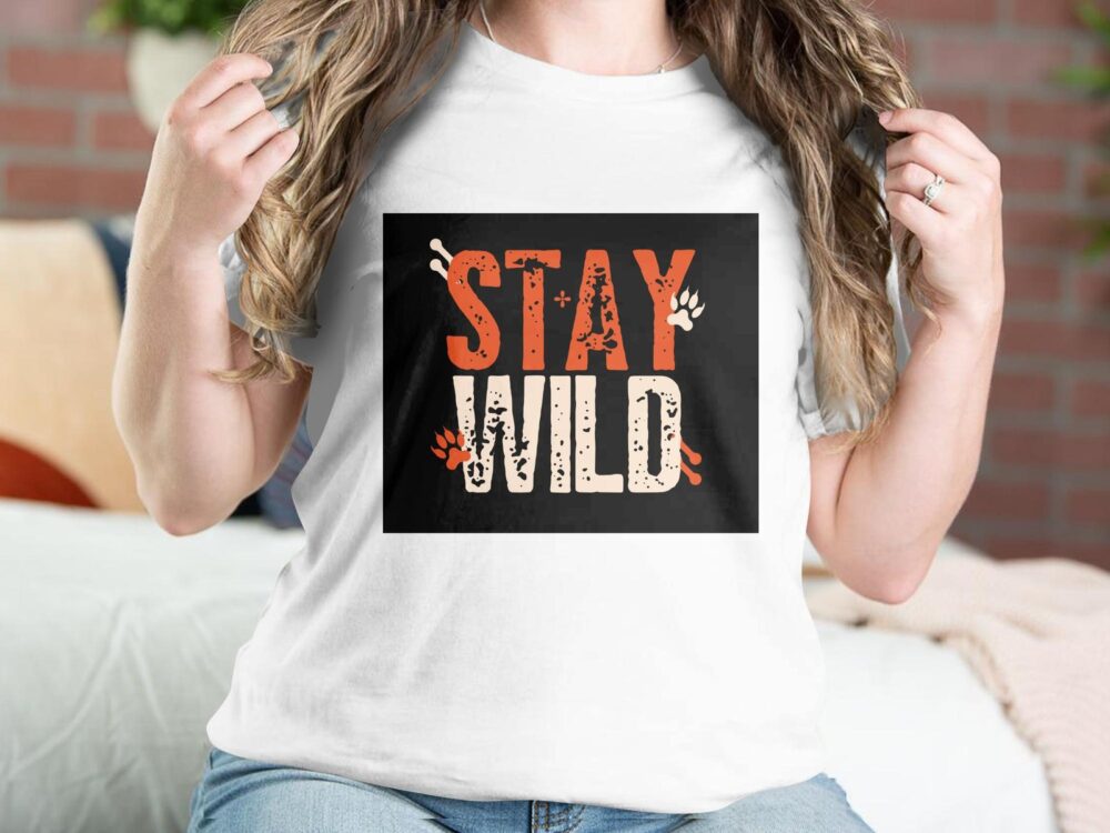 Single Side Stay Wild Printed - Blue T-Shirt - Rounded Neck T-Shirt For Women