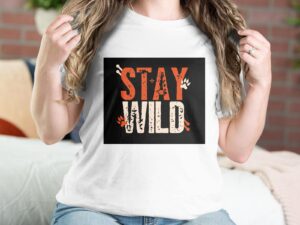 Single Side Stay Wild Printed - Blue T-Shirt - Rounded Neck T-Shirt For Women