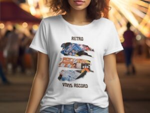 Single Side Retro Vinyl Record Design Printed - Yellow T-Shirt - Rounded Neck T-Shirt For Women