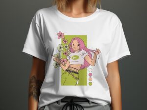 Single Side Girl With Flower Printed - White T-Shirt - Rounded Neck T-Shirt For Women