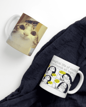 White Printed Mug - Girl Coder With Funny Cat Memes