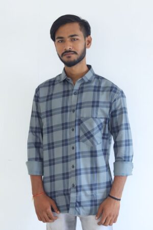 Men's Pure Cotton Regular Fit Formal Gray with Blue Check Design Full Sleeve Shirt For Men
