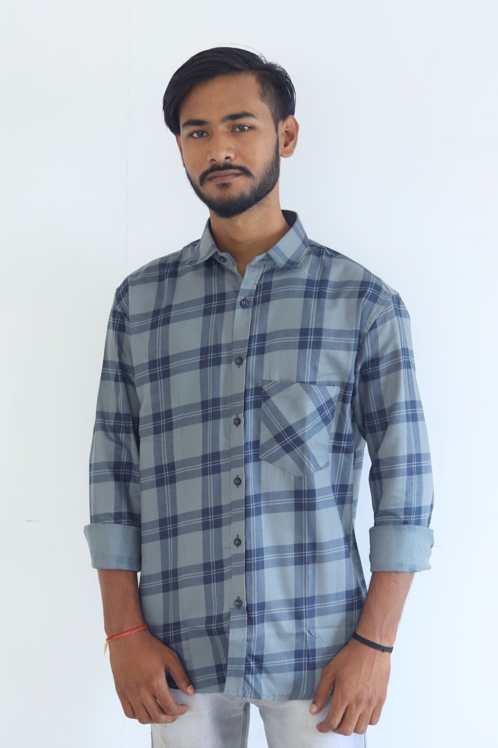 Men's Pure Cotton Regular Fit Formal Gray with Blue Check Design Full Sleeve Shirt For Men