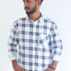 Men's Pure Cotton Regular Fit White with Blue Check Design Full Sleeve Shirt For Men