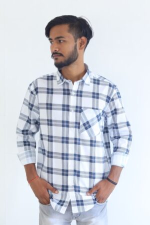 Men's Pure Cotton Regular Fit White with Blue Check Design Full Sleeve Shirt For Men