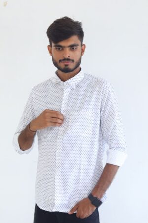 Men's Pure Cotton Regular Fit White with Gray dots Design Full Sleeve Shirt For Men