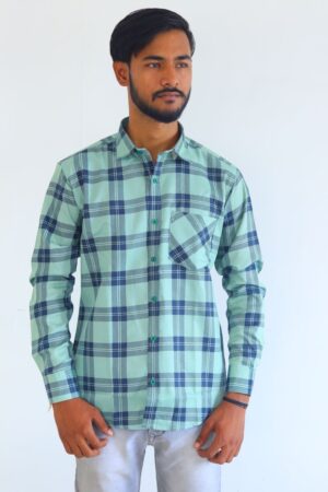 Men's Pure Cotton Regular Fit Light Green with Blue Check Design Full Sleeve Shirt For Men