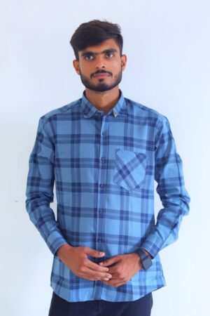 Men's Pure Cotton Regular Fit Light Blue with Dark Blue Check Design Full Sleeve Shirt For Men