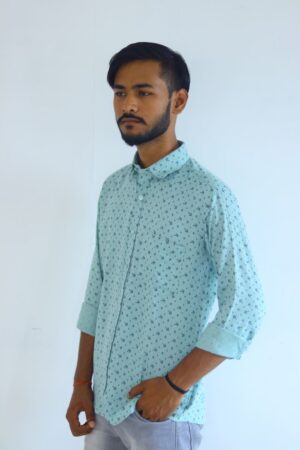 Men's Pure Cotton Regular Fit Light Green with Gray Design Full Sleeve Shirt For Men