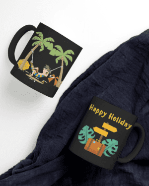 Black Printed Mug- Holiday Enjoying Beach Printed Mug