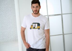 Single Side Indian Tuk Tuk Design Printed - Blue T-Shirt - Rounded Neck T-Shirt For Men