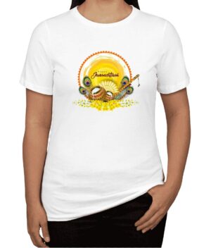 Happy Janmashtami Printed Round Neck Women T-shirt - Yellow Background
