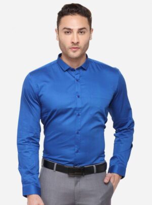 Men's Pure Cotton Royal Blue Solid Slim Fit Formal Full Sleeve Shirt For Men