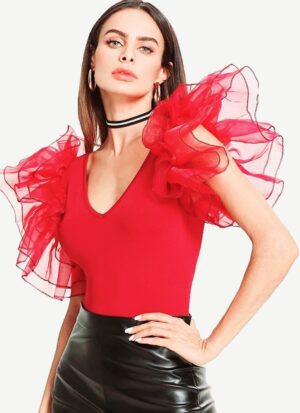 Red swimwear bodysuit for women