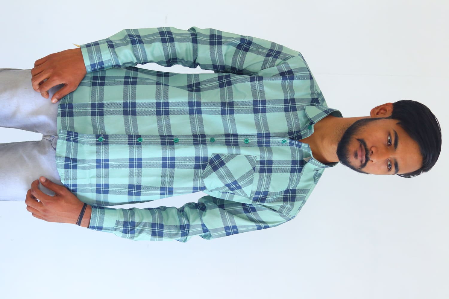 Men's Pure Cotton Regular Fit Light Green with Blue Check Design Full Sleeve Shirt For Men