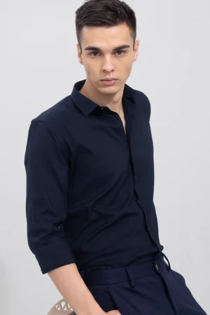 Men's Pure Cotton Navy Blue Solid Slim Fit Formal Full Sleeve Shirt For Men
